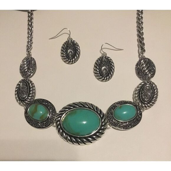 Silver Turquoise Filigree Necklace Set - Picture 1 of 2